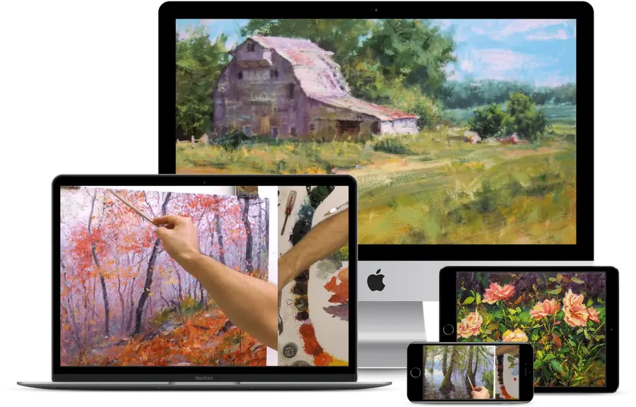 Oil painting lessons shown on desktop, laptop, tablet, and phone