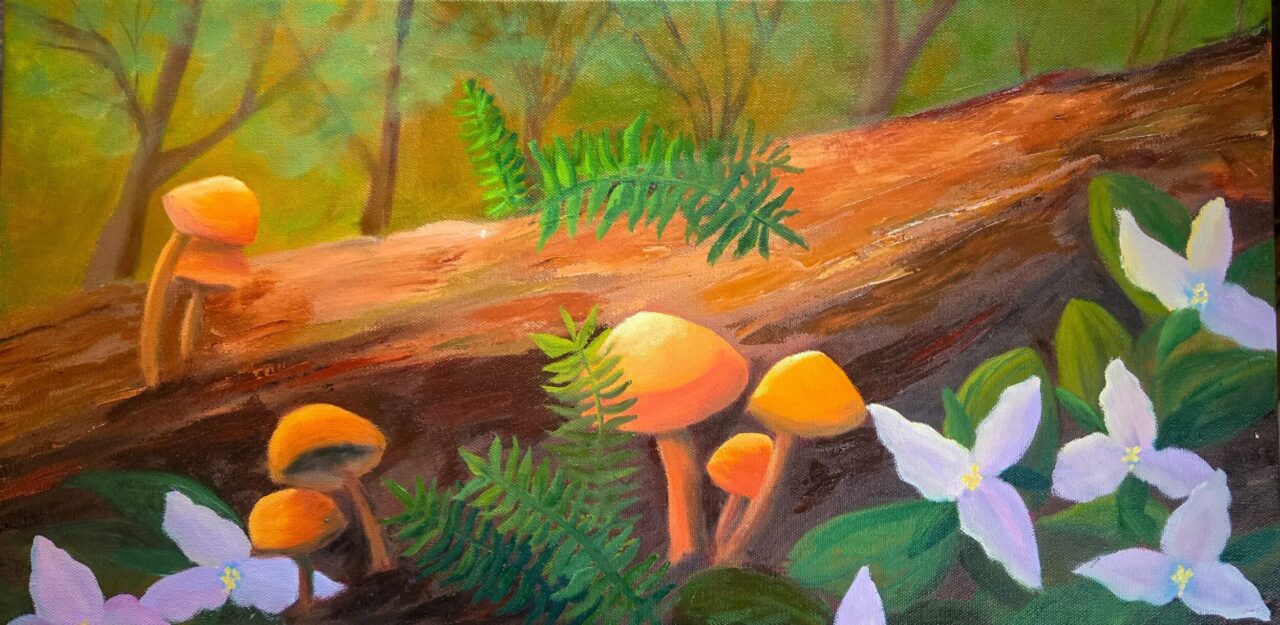 The complete woodland mushroom painting as it appeared before Bill Inman’s critique changes.